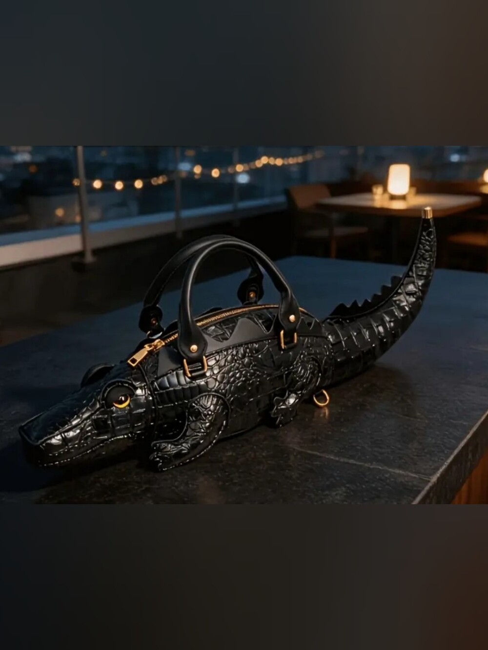 Black Crocodile-Shaped Leather Handbag